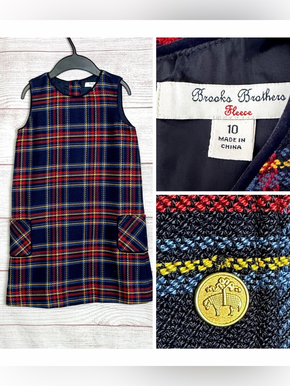 Brooks Brothers Fleece Girls Plaid Jumper Dress 10 Navy Red Tartan Lined Pockets